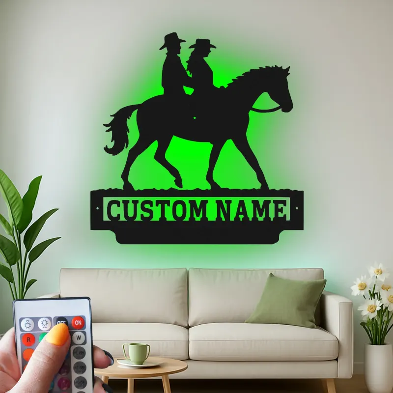 Custom Cowboy Couple on Horse Led Light Metal Wall Art Western Gift for Couples Ranch Home Decor