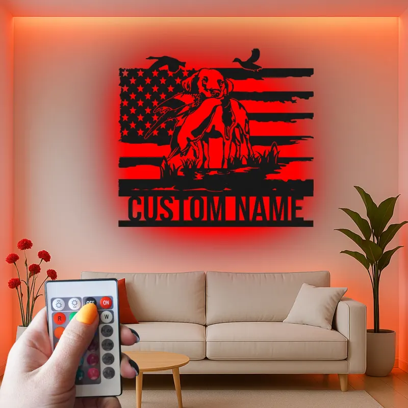 Labrador Hunting Dog Metal Sign | Personalized LED Wall Art | Custom Hunter Gift with American Flag | Patriotic Cabin & Man Cave Decor