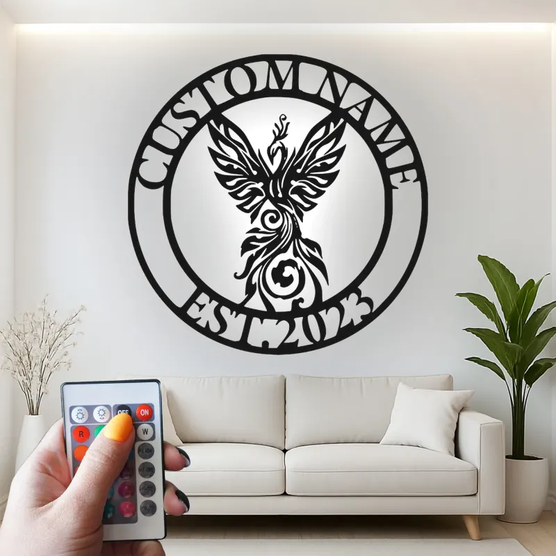 Phoenix LED Metal Wall Art | Custom Name Sign, Art Deco Inspired | Personalized Office & Home Decor Gift
