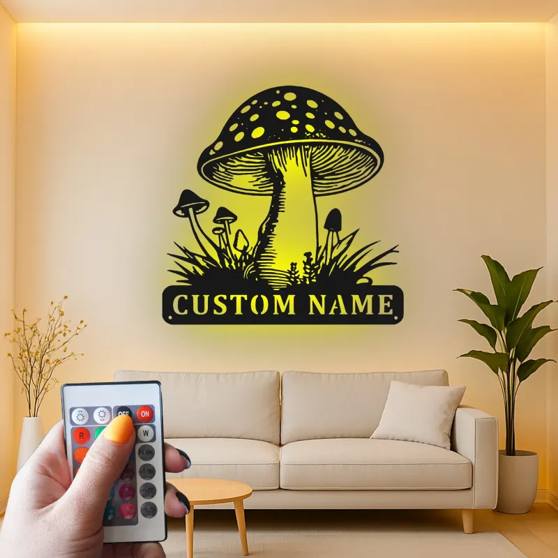 Personalisierte Pilz-Metallschild | LED Fungi Wandkunst | Vintage Wald Dekor für Naturliebhaber | Geschenk für Büro & Zuhause