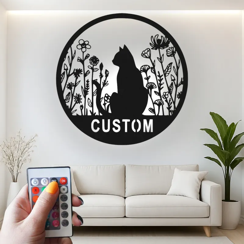 Insegna in metallo personalizzata con silhouette di gatto e luce LED regalo per amanti dei gatti decorazione per camera da letto o soggiorno 1