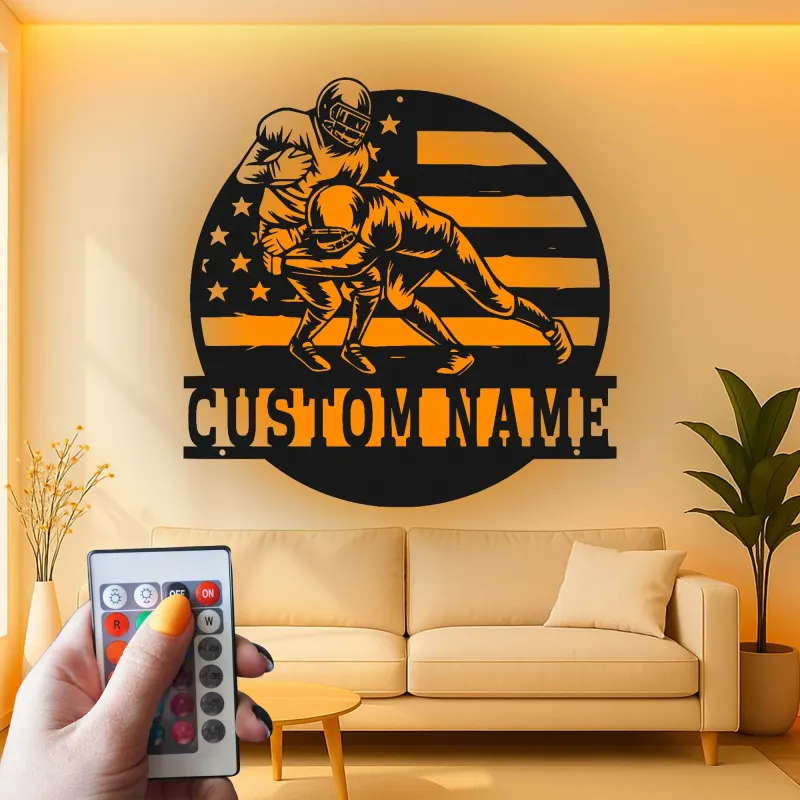 Arte Mural de Metal de Fútbol Personalizado con LED | Cartel de Nombre Personalizado para Man Cave o Habitación de Adolescentes | Regalo para Jugador de Fútbol Americano