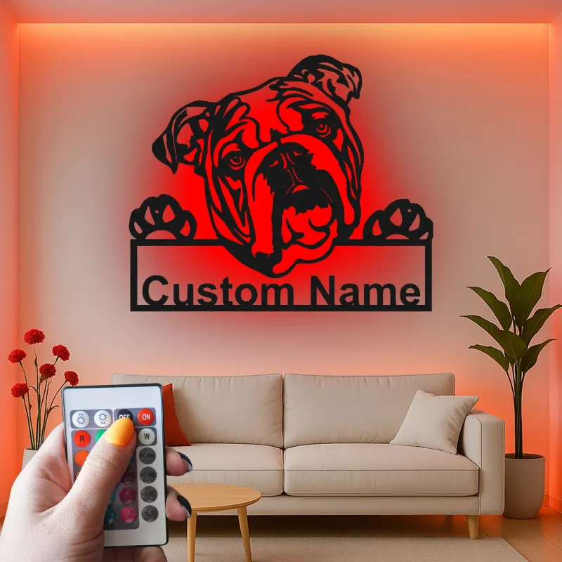 Insegna in metallo LED personalizzata con bulldog - Regalo per amanti dei cani e decorazione per soggiorno