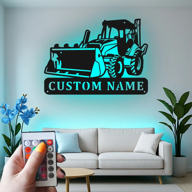 Décoration murale en métal personnalisée avec bulldozer rétroéclairé - Cadeau de construction pour lui - Décor de garage ou d'atelier