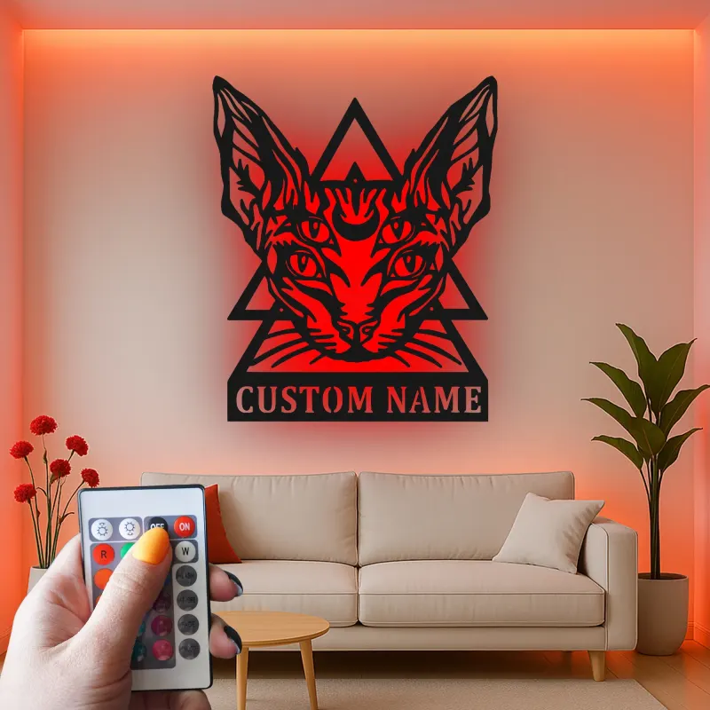 Art Mural en Métal LED de Chat Sphynx | Décor Gothique Personnalisé pour la Maison | Cadeau Personnalisé pour Amateurs de Chats Sorciers pour Salons et Studios