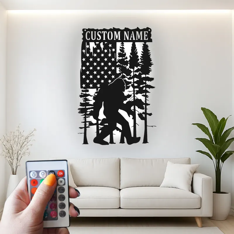 Custom Bigfoot American Flag Led Light Metal Wall Art Unique Gift for Outdoor Enthusiasts Rustic Cabin Decor