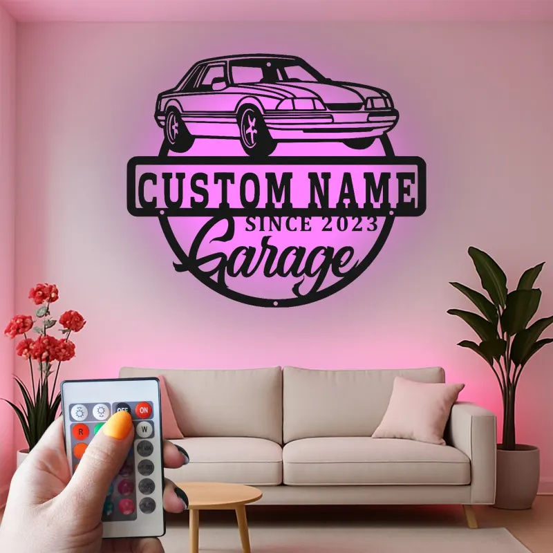 Insegna in metallo LED personalizzata per garage con auto - Regalo per appassionati di auto - Decorazione per pareti del garage 1