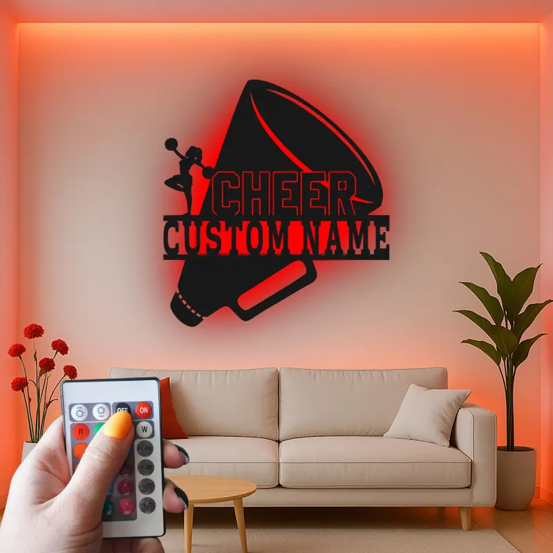 Custom Cheerleader Megaphone Led Light Metal Wall Art Cheer Gift for Teen Girls Bedroom Sports Decor