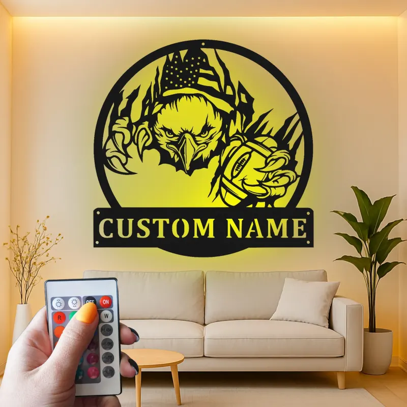 Cartel de metal personalizado con luz LED de águila americana y fútbol, regalo personalizado para aficionados al fútbol, decoración de man cave