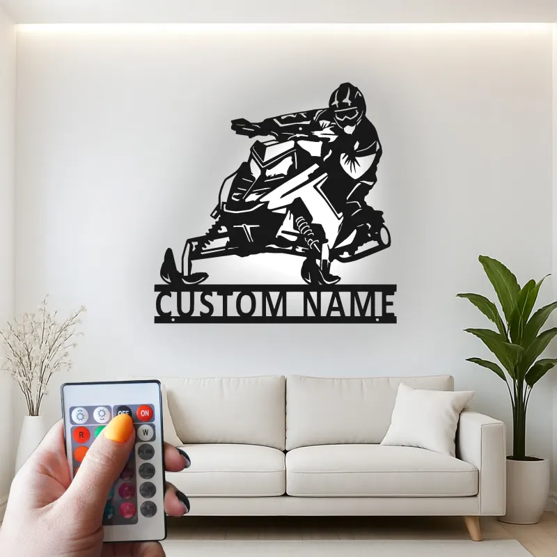 Arte da Parete in Metallo LED per Motoslitta Personalizzata | Insegna con Nome per Piloti per Man Cave | Regalo Decorativo per Sport Invernali