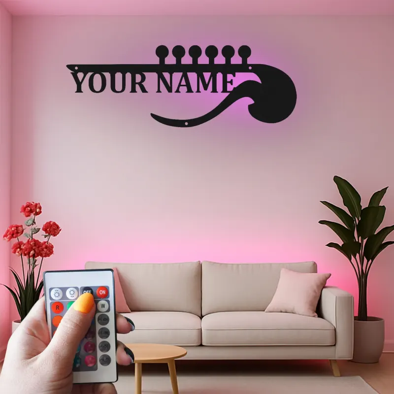Letrero LED de guitarra personalizado | Decoración mural de metal personalizada para sala de música | Decoración con nombre para músico | Regalo para guitarrista