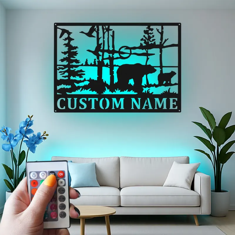 Custom Bear Forest Scene Led Light Metal Wall Art Personalized Wildlife Gift Cabin Decor for Nature Lovers