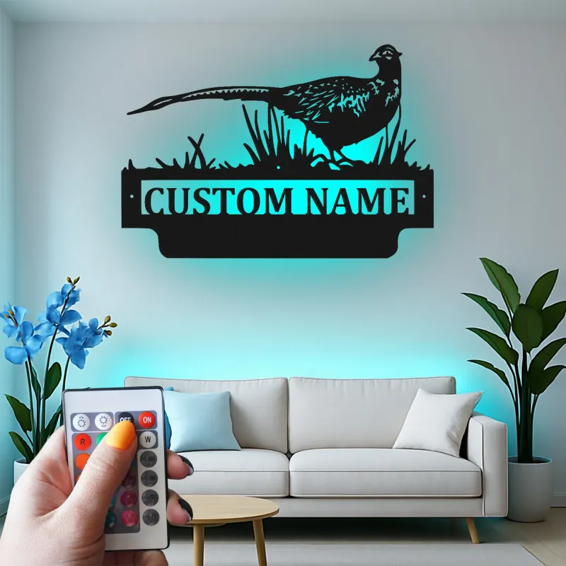 Pheasant Metal Wall Art with LED | Custom Name Sign for Hunters | Cabin & Lodge Decor | Ring-Necked Bird Silhouette