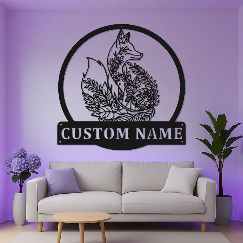 Plaque prénom renard personnalisée | Décoration murale LED en métal pour chambre d’enfant | Déco animalière forêt | Veilleuse pour chambre d’enfant