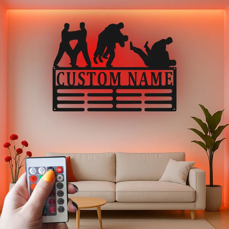 Cartel de metal personalizado de BJJ | Colgador de medallas de artes marciales con LED | Decoración personalizada para gimnasio de jiu-jitsu | Regalo para grappling