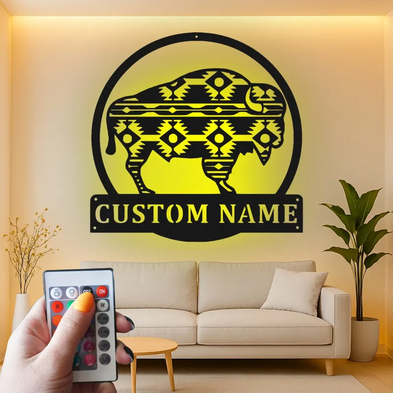 Insegna in metallo LED personalizzata con bufalo, regalo per amanti della natura, decorazione rustica per casa