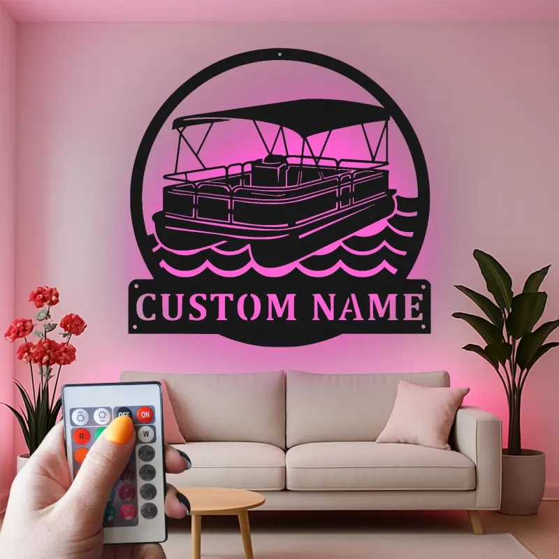 Cartel Personalizado de Barco Pontón | Arte Mural de Metal LED | Decoración Náutica Personalizada para Casa de Lago | Regalo para Propietario de Barco