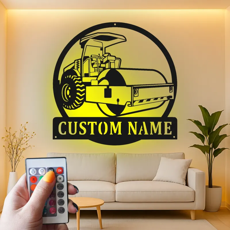 Enseigne de construction Rouleau de route | Décoration murale en métal LED personnalisée | Décor de machines lourdes pour garage ou bureau