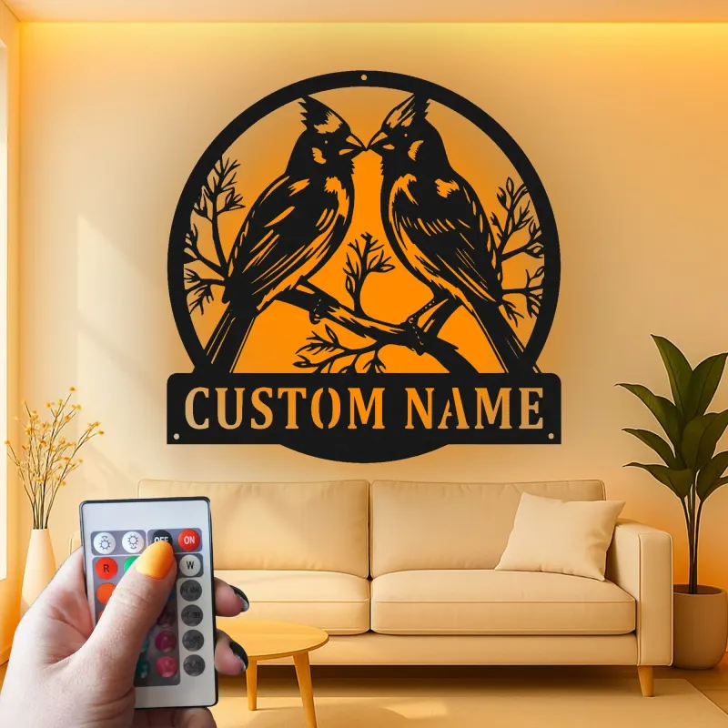 Personalisierte Kardinal-Paar LED-Metall-Wandkunst – Geschenk für Vogelliebhaber, für Schlafzimmer oder Wohnzimmer
