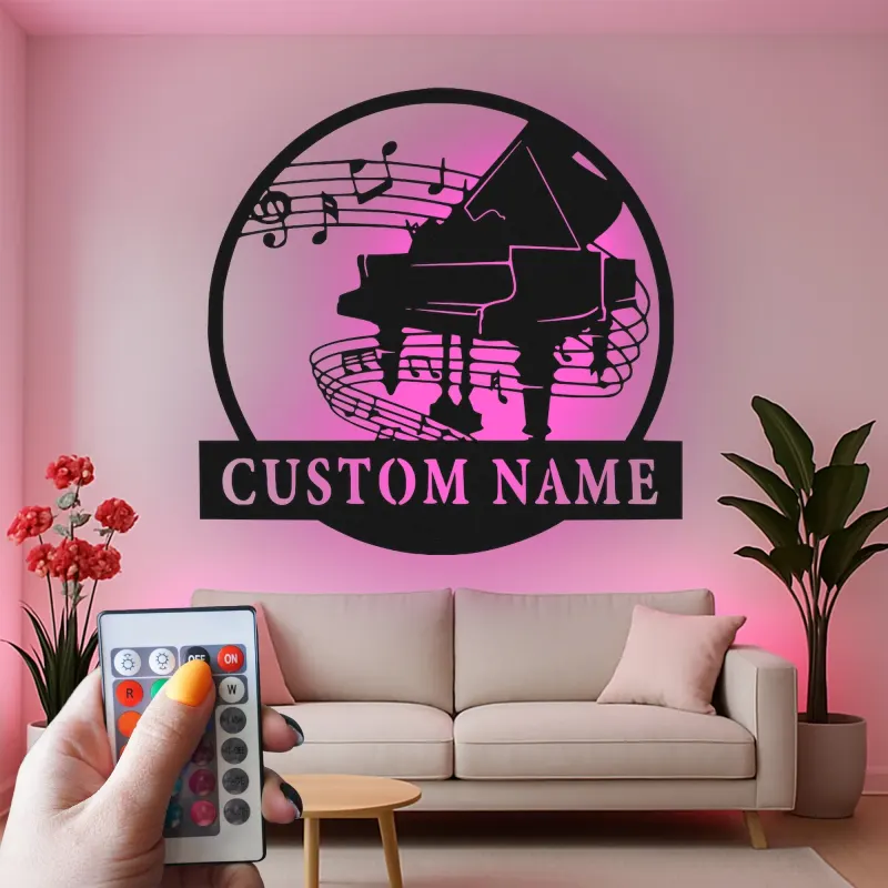 Panneau piano personnalisé avec LED | Décoration murale en métal sur mesure pour salle de musique | Silhouette de piano à queue | Cadeau pour pianiste
