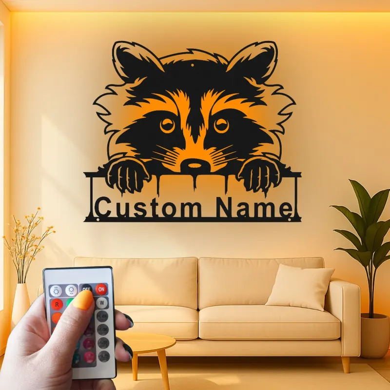Panneau Métallique Raton Laveur Personnalisé | Plaque de Nom Rétroéclairée pour Nursery | Décor de Chambre d'Enfant Animaux de la Forêt