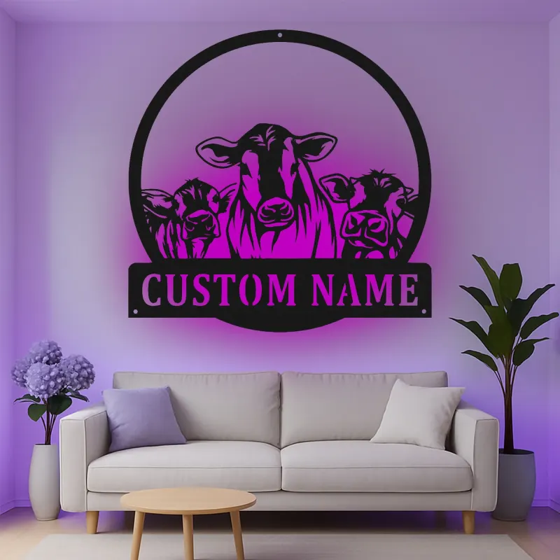Personalisierte Kuhfamilie LED-beleuchtete Metall-Wandkunst – Bauernhof-Geschenk für Landwirte, rustikale Küche oder Scheunendeko