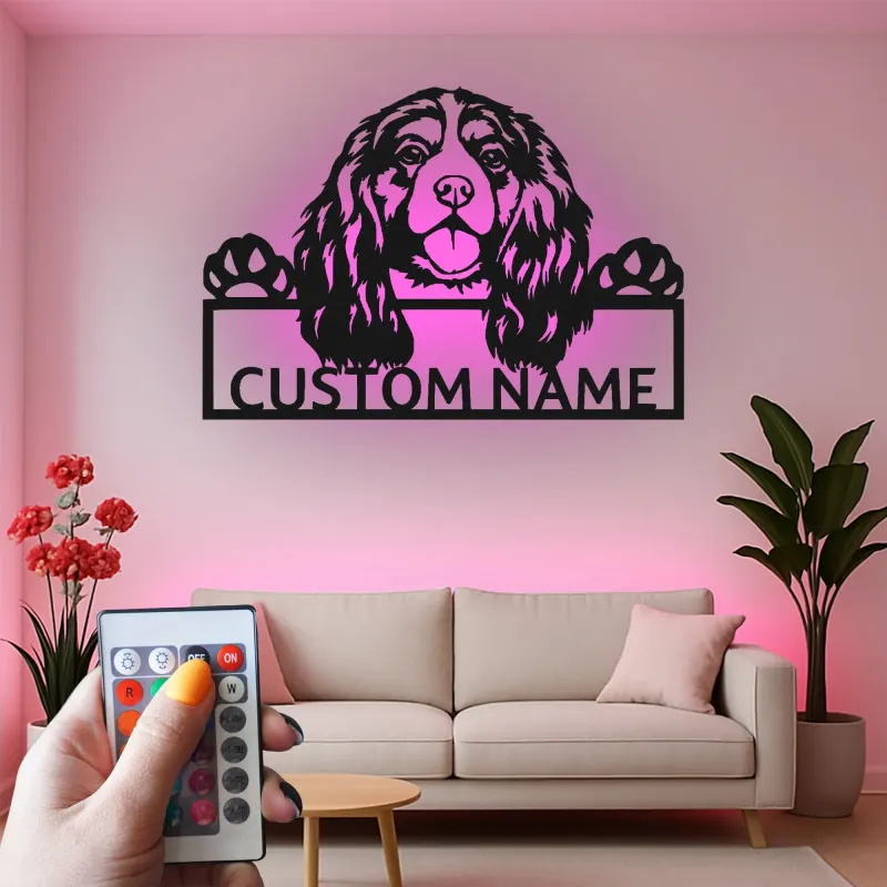 Cartel de metal LED personalizado de Cocker Spaniel - Regalo para amantes de los perros - Decoración para el salón