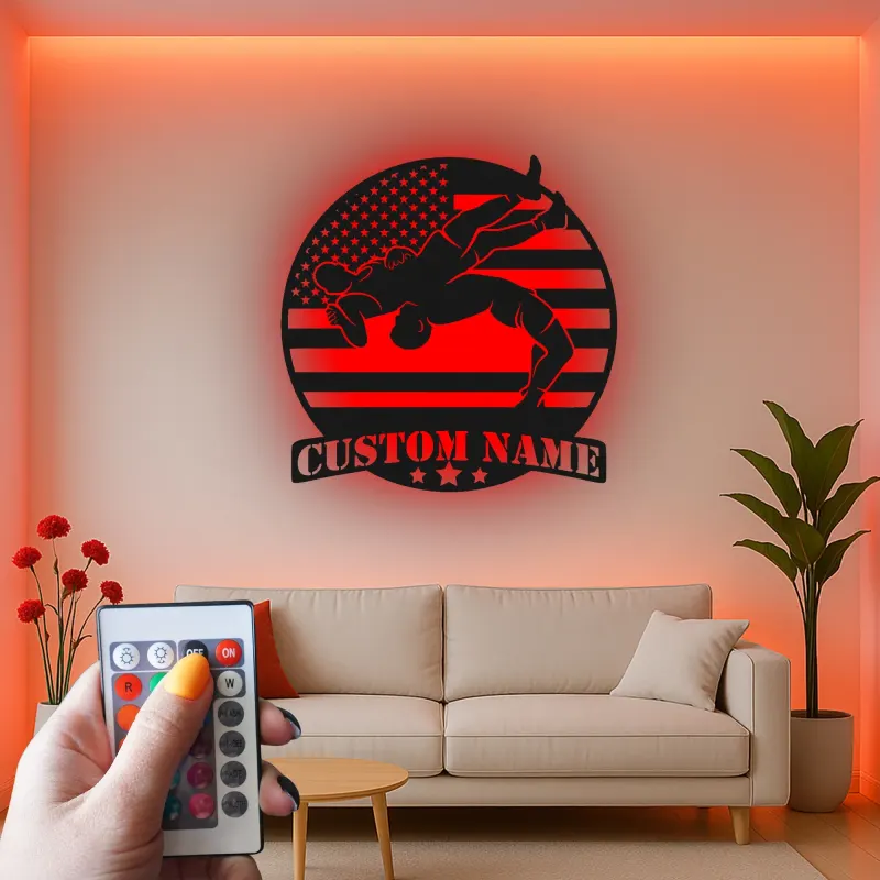 Décoration murale en métal personnalisée avec éclairage LED pour la lutte - Cadeau personnalisé pour lutteurs