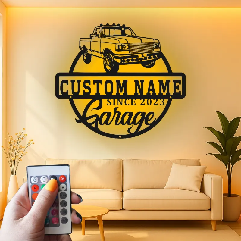 Décoration murale en métal personnalisée camionnette avec rétroéclairage LED - Cadeau de garage pour lui, décoration de man cave