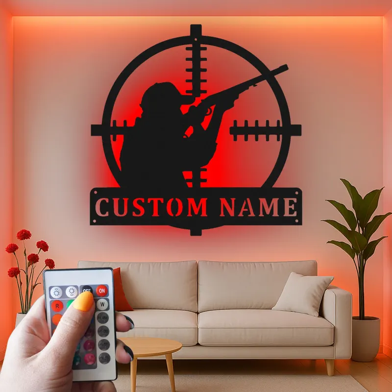 LED-Metallkunst mit Jägersilhouette | Personalisierte Schild für Zielfernrohre im Ferienhaus | Individuelles Geschenk für Jäger