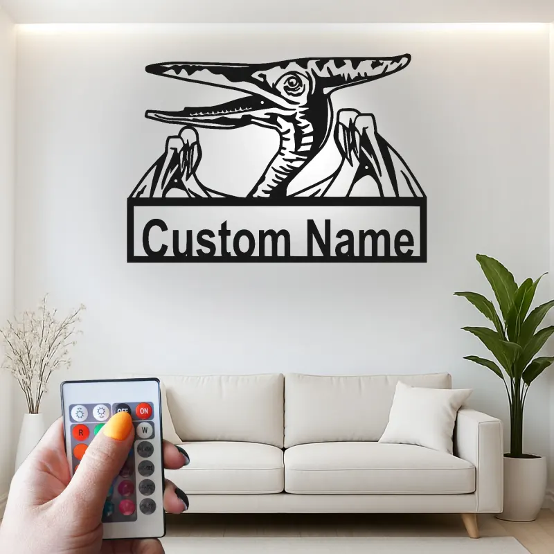 Décoration murale en métal personnalisée avec ptérodactyle et rétroéclairage LED - Cadeau dinosaure pour chambre d'enfants ou salle de jeux