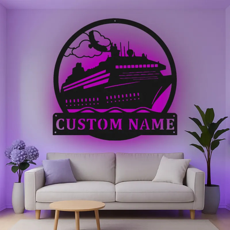 Décoration murale en métal personnalisée avec éclairage LED de bateau de croisière - Cadeau pour les amoureux de croisières - Décor nautique pour le salon