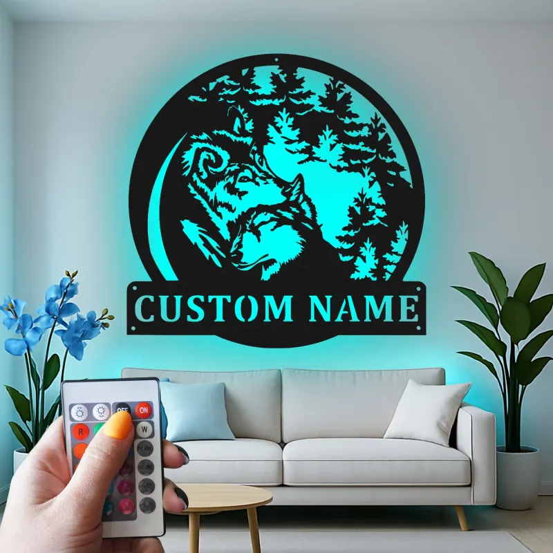 Décoration murale en métal personnalisée avec lumière LED de meute de loups