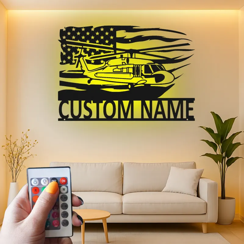 Black Hawk Helicopter LED Metal Wall Art | Personalized Pilot Gift | Custom Name Sign | Patriotic American Flag Wall Decor