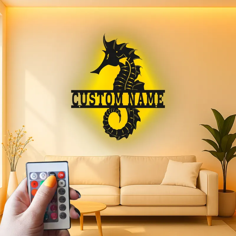 Cartel de metal personalizado de caballito de mar | Arte mural de luz LED personalizada | Decoración náutica para casa de playa | Regalo para hogar costero