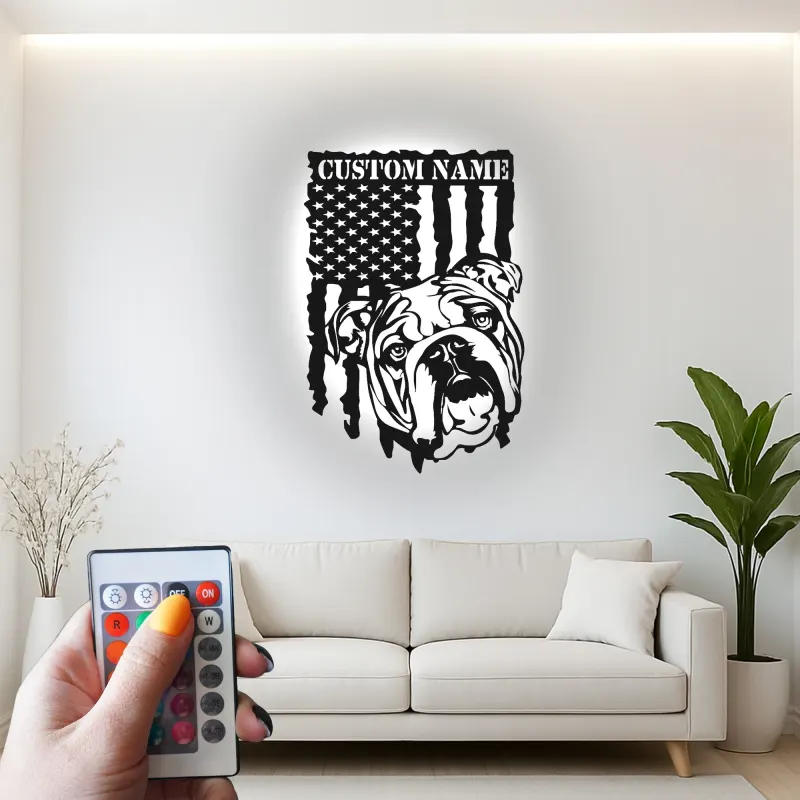 Décoration murale en métal personnalisée avec bulldog et drapeau américain éclairée LED - Cadeau pour amoureux des chiens, décoration intérieure patriotique