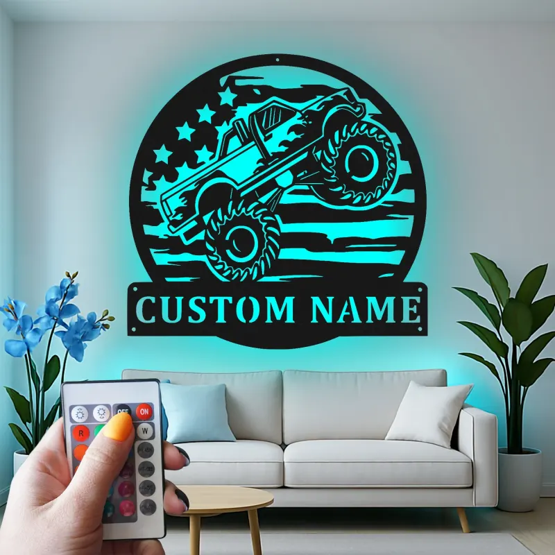 Panneau LED Personnalisé Monster Truck | Décoration Murale en Métal pour Garage ou Chambre de Garçon | Cadeau Décor Off-Road pour Lui