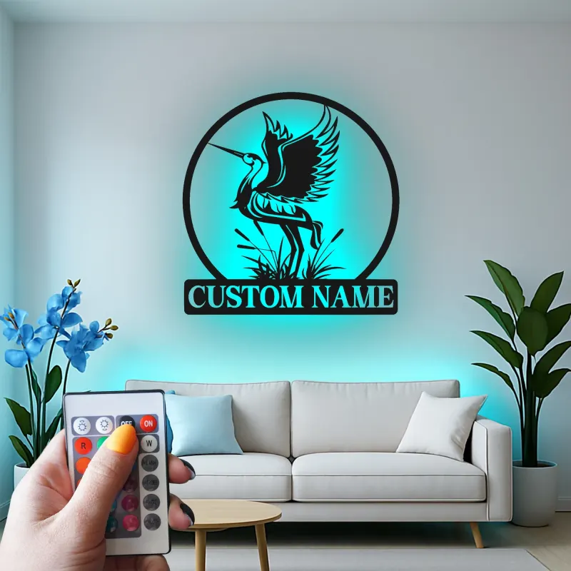 Insegna personalizzata con Airone | Arte murale in metallo LED personalizzata | Decorazione naturale per casa al lago e ufficio | Regalo per amanti della fauna selvatica