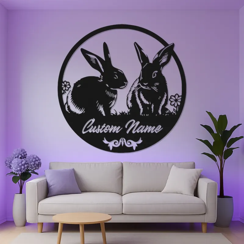 Insegna in Metallo Personalizzata con Coniglio e LED | Arte in Metallo del Coniglio | Decorazione per Nursery e Casa per Amanti degli Animali