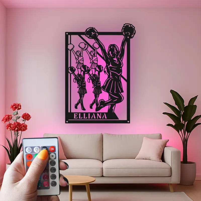 Décoration murale en métal personnalisée avec rétroéclairage Cheerleader - Cadeau de cheerleading pour sa chambre ou décoration de gym