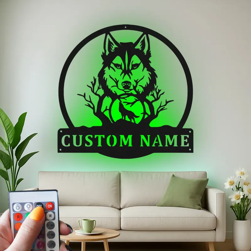 Décoration murale en métal personnalisée avec lumière LED de loup et lune