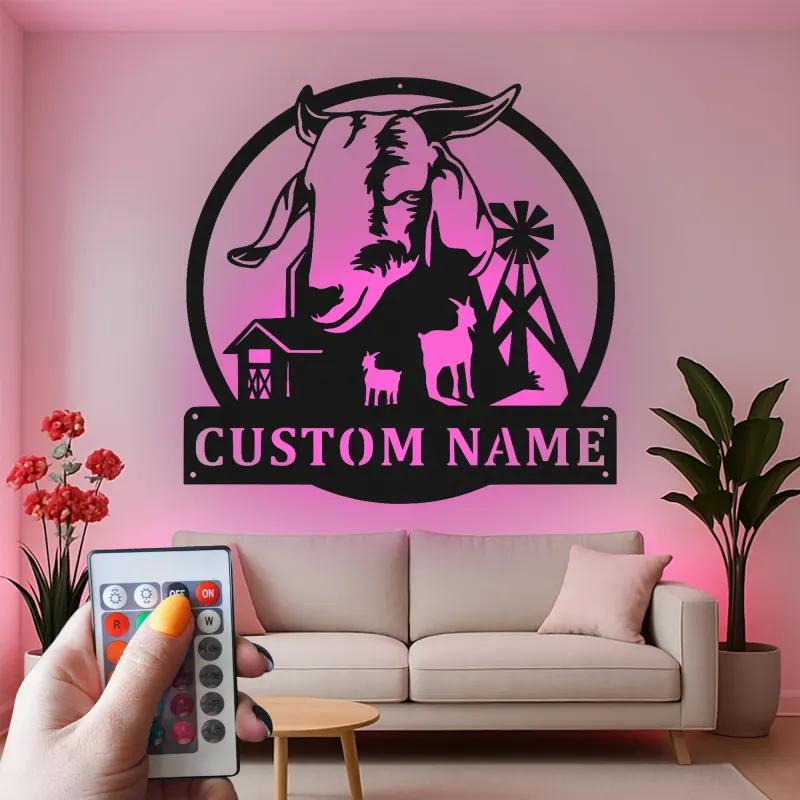 Custom Goat Farm Sign | Personalized LED Metal Wall Art | Rustic Barnyard Decor for Farmer Family Gift