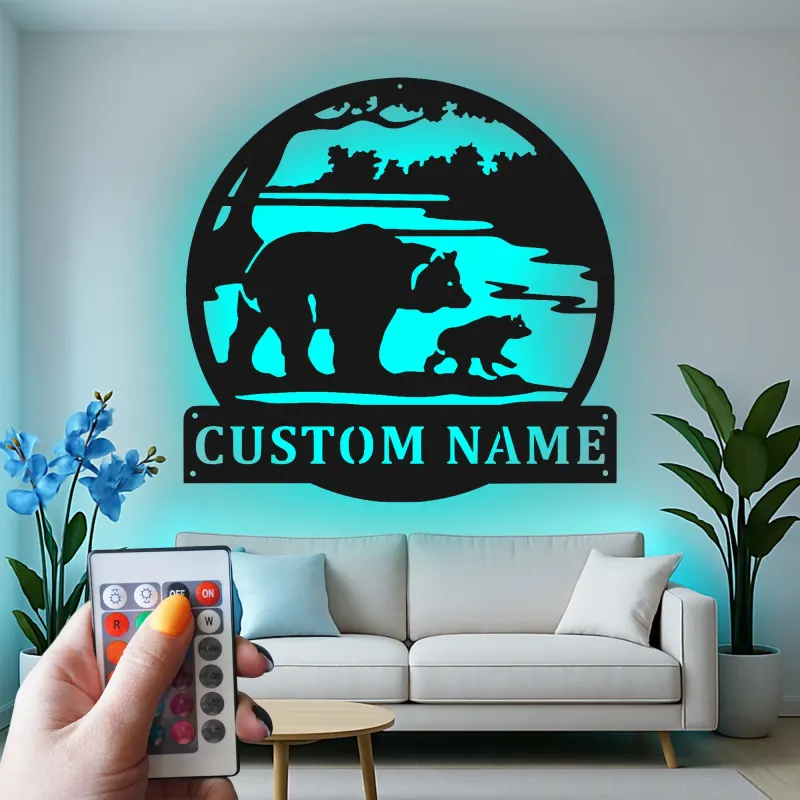 Cartel de metal LED Familia de Osos personalizado Regalo de naturaleza para familias Decoración de cabaña o sala