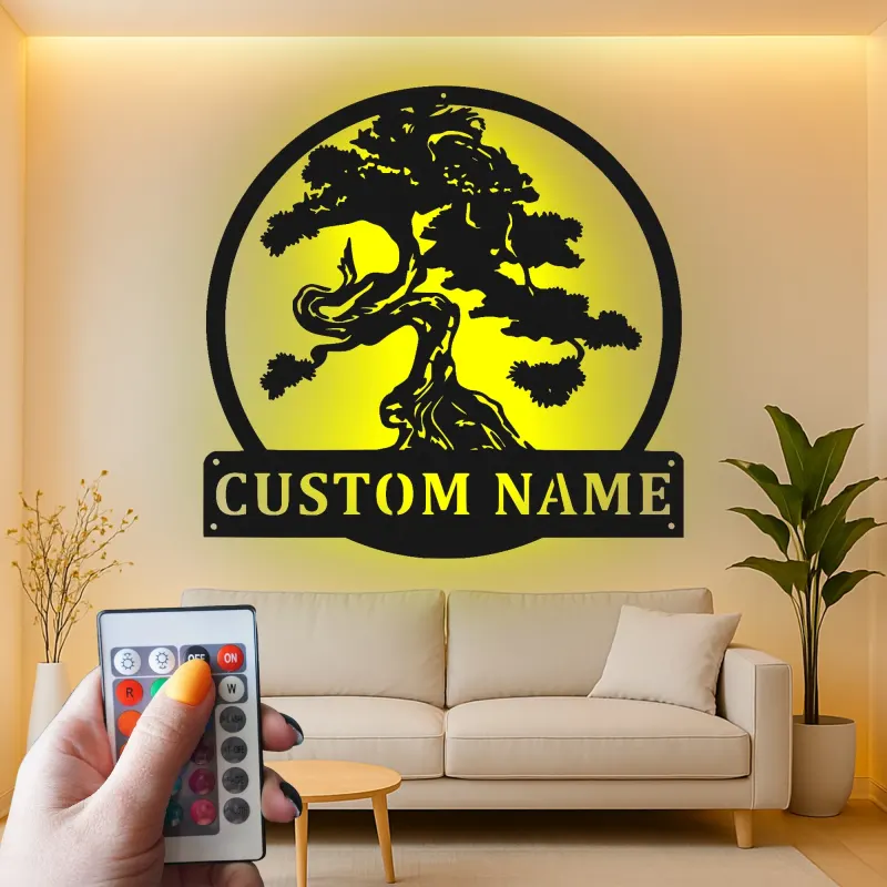 Cartel de metal personalizado con luz LED de árbol bonsái para regalo zen para hogar, decoración de sala de estar tranquila