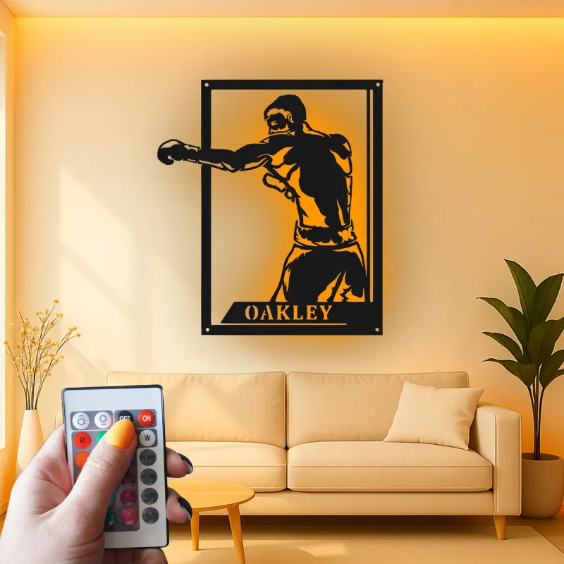 Insegna in metallo personalizzata con Boxer e luce LED regalo per appassionati di boxe decorazione per palestra o man cave 1