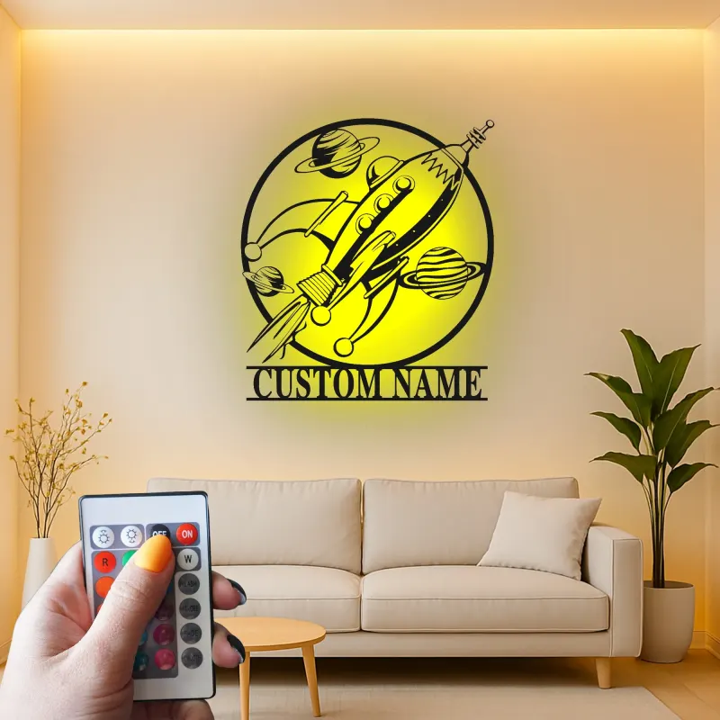 Personalisierte Rakete LED-Licht | LED-Metallwandkunst für Kinderzimmer | Vintage Weltraum Dekor für das Kinderzimmer