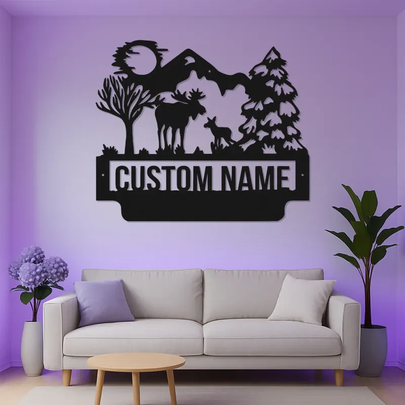 Personalized Moose Metal Wall Art | LED Wildlife Scene | Custom Family Name Sign for Cabin, Lodge & Rustic Home Decor