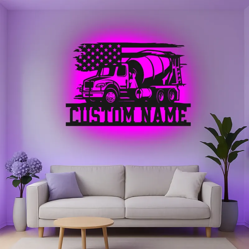 Insegna in metallo personalizzata con luce LED a forma di camion betoniera regalo per lavoratori edili decorazione per garage o ufficio