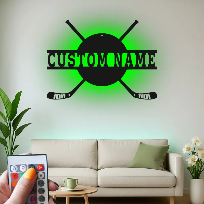 Personalisierte Hockey Namensschild | LED Metall-Wandkunst für das Spielzimmer | Individuelle Sportdekoration | Geschenk für Hockeyspieler