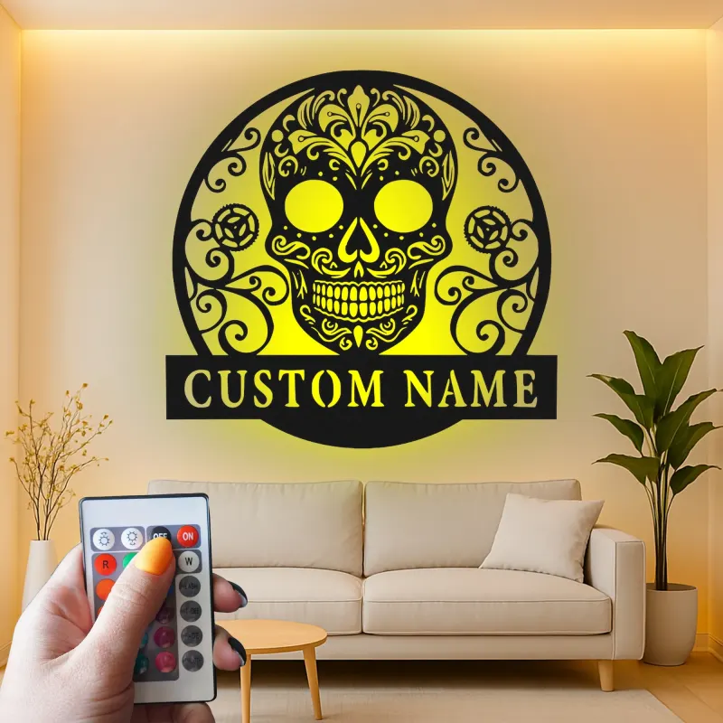 Sugar Skull LED Metal Wall Art | Personalized Day of the Dead Decor | Custom Name Sign for Salon, Patio or Studio